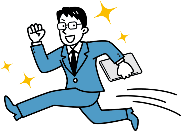 パソコンのトラブル解決のために元気よく駆けつけてきたスタッフのイラスト