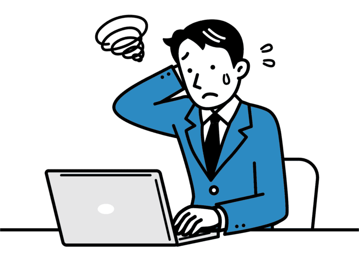 パソコンがインターネットにつながらず焦っているサラリーマンのイラスト