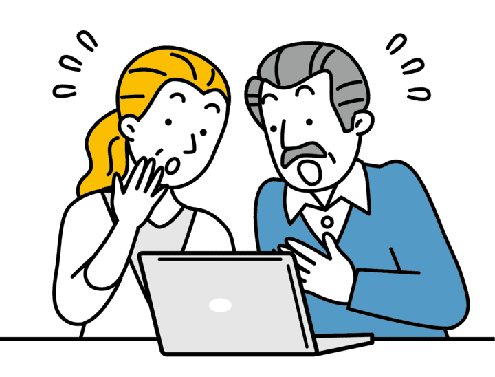 大切な孫の成長記録を削除してしまい途方に暮れる老夫婦のイラスト